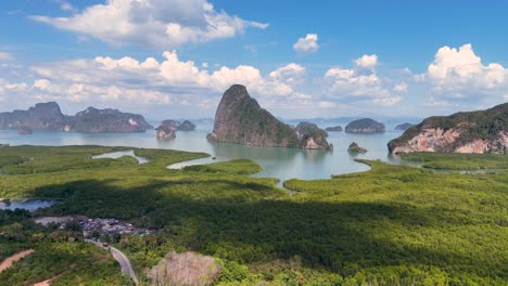 drone footage captures the lush mangroves and striking limestone cliffs of phang nga bay, thailand, under clear blue skies