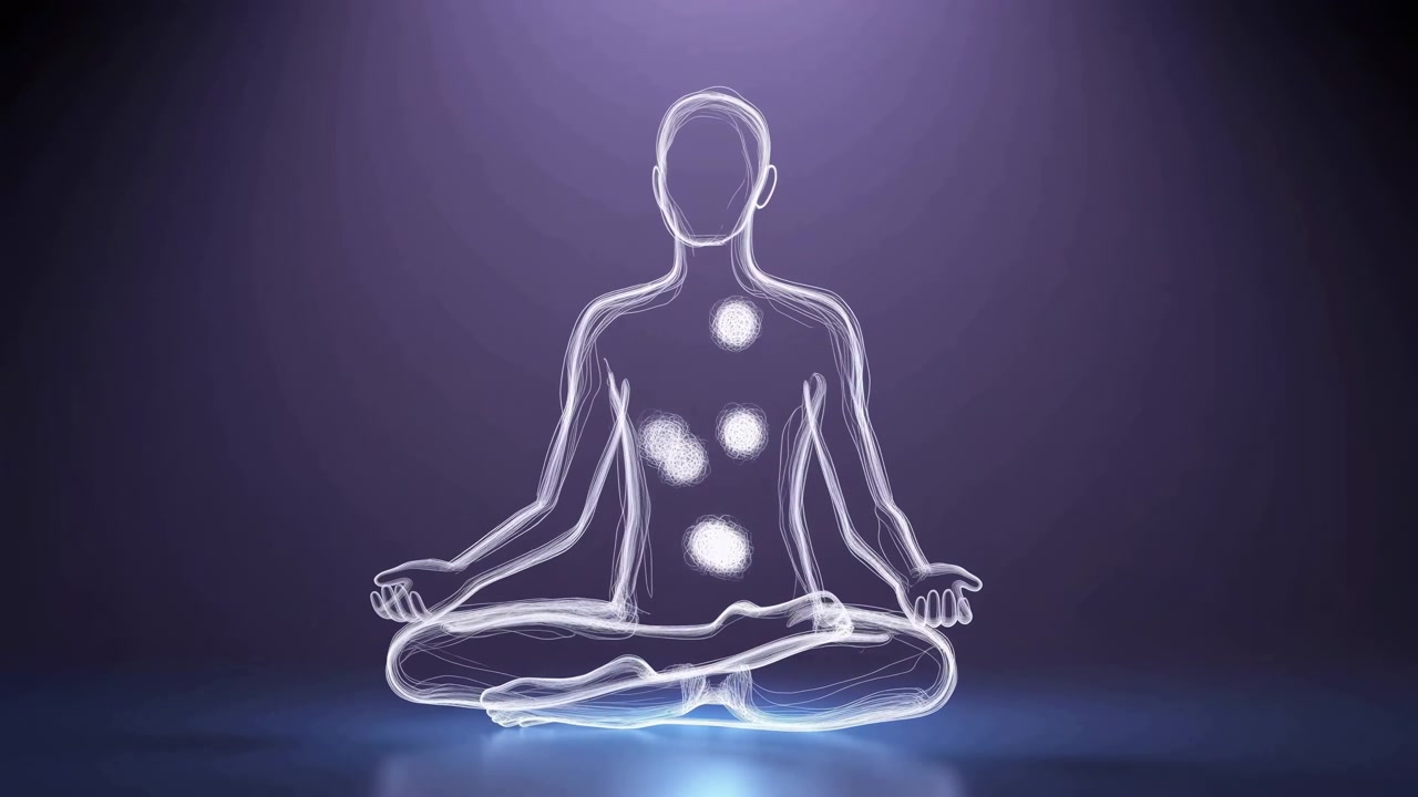 Una silhouette umana luminosa siede in una calma posizione a gambe incrociate mentre punti luminosi bianchi si muovono lungo il contorno del corpo, con uno sfondo viola, una sottile illuminazione del pavimento e una composizione simmetrica e centrata.