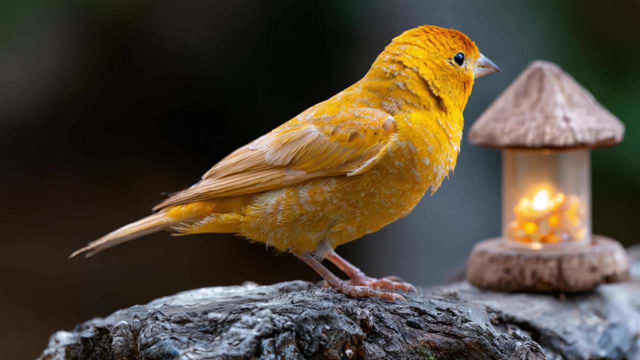 Un vivace uccello giallo vicino a una lanterna che emette una luce soffusa, catturato in due fotogrammi, evidenziando la bellezza della natura e della fauna selvatica in ambienti sereni.
