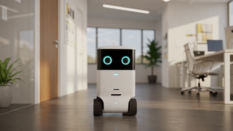 a friendly robotic assistant navigating through an office environment, integrating technology and automation in modern workspaces