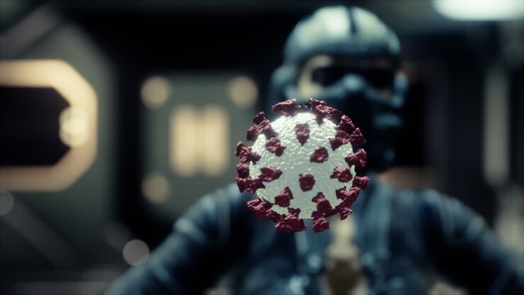 woman in protective medical mask on her face looking at COVID-19 coronavirus