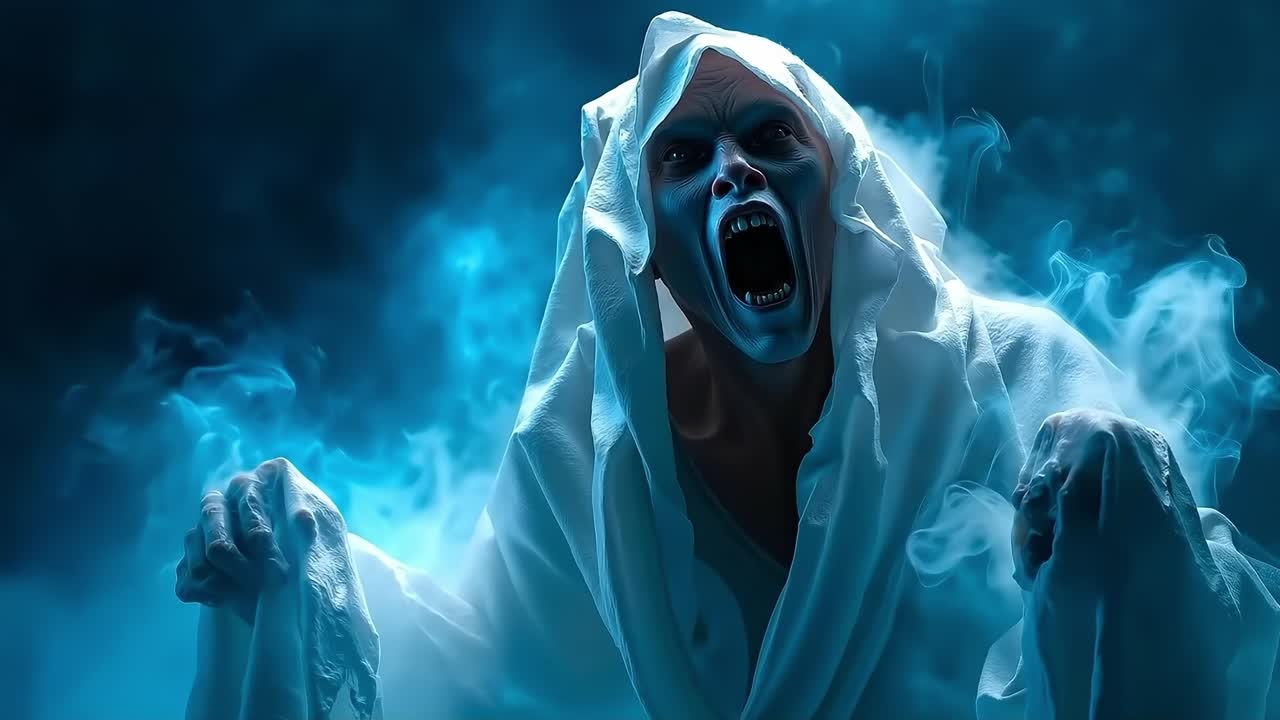 A ghostly figure in a white robe with smoke coming out of his mouth