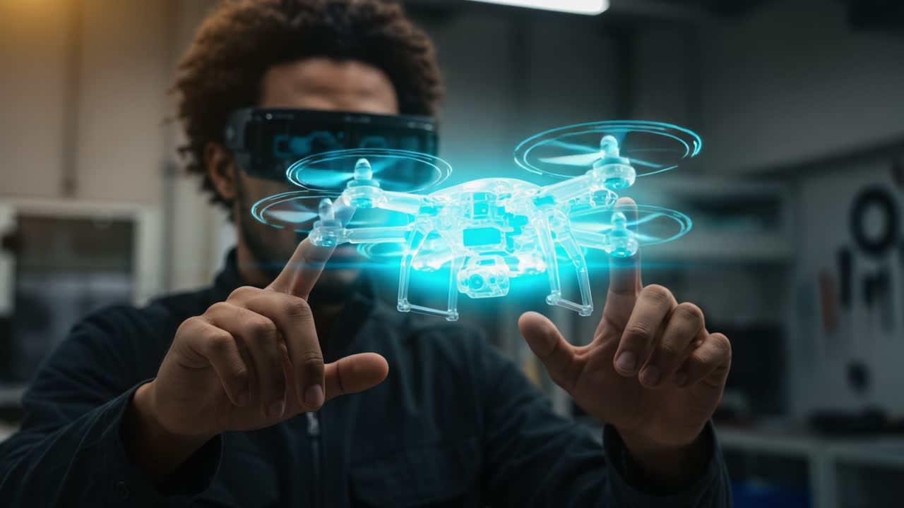 Exploring Futuristic Drone Technology: A Innovator Interacting with a Holographic Drone Interface Through Advanced Virtual Reality Glasses in a Modern Workspace