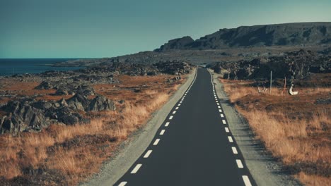 a narrow asphalt road leading through the desolate tundra landscape along the coastline