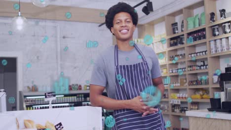 animation of business icons over biracial male shop assistant smiling