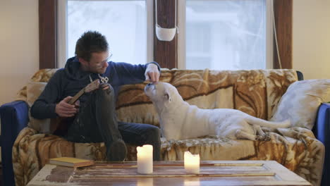 un hombre en un sofá con su perro toca su ukelele y acaricia a su perro