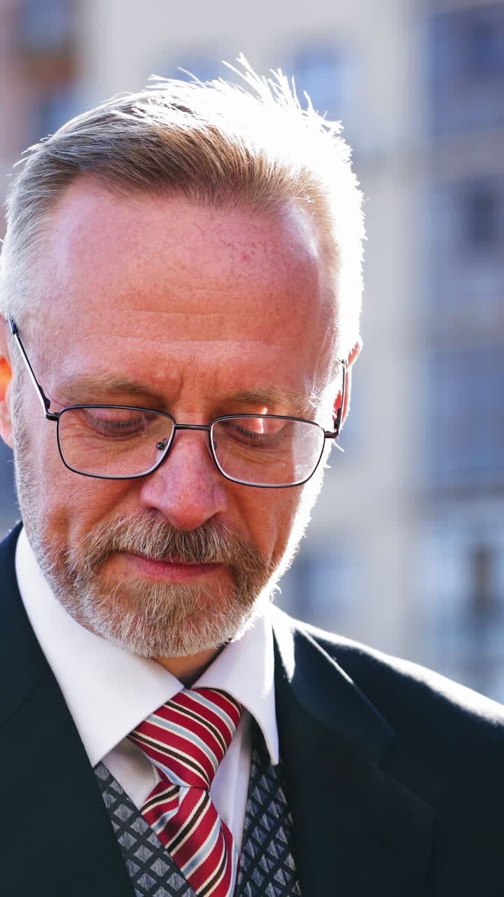 Portrait of fashionable senior man. Portrait of fashionable well dressed man with beard posing outdoors Vertical video