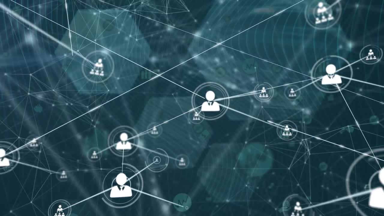 Animation of network of connections with icons on black background