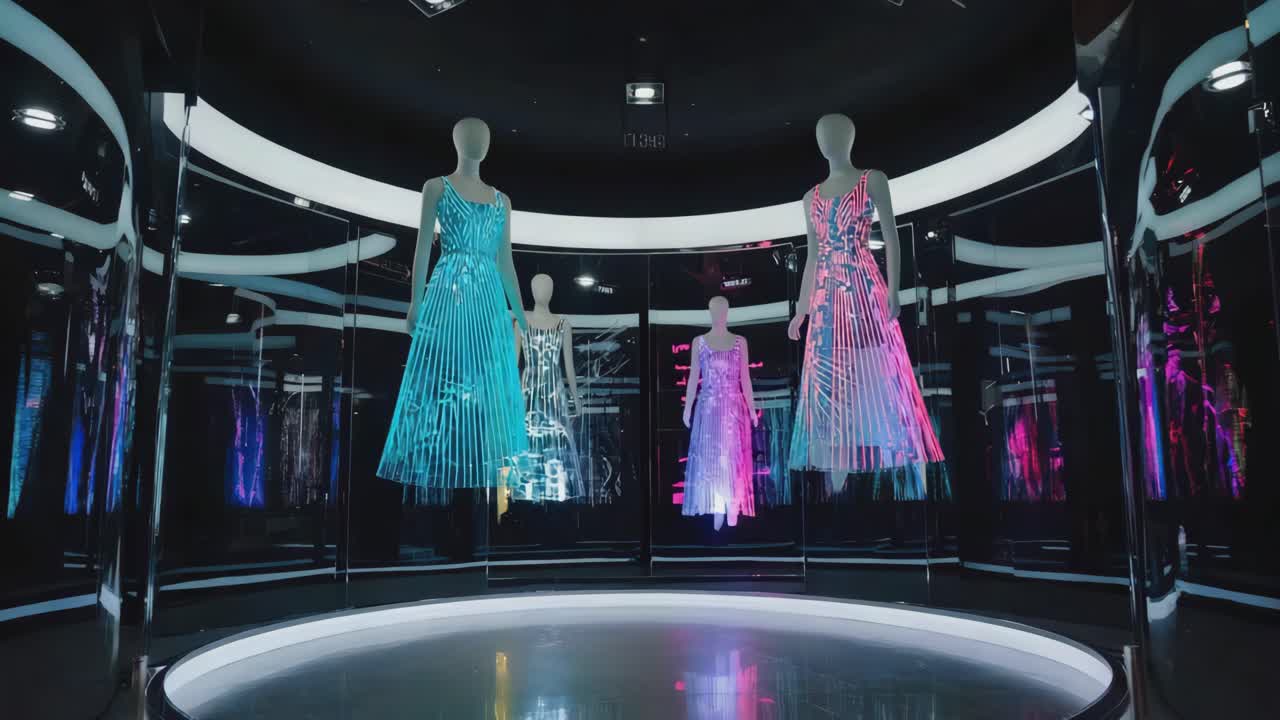 Futuristic Glowing Dresses on Mannequins in Modern Exhibit