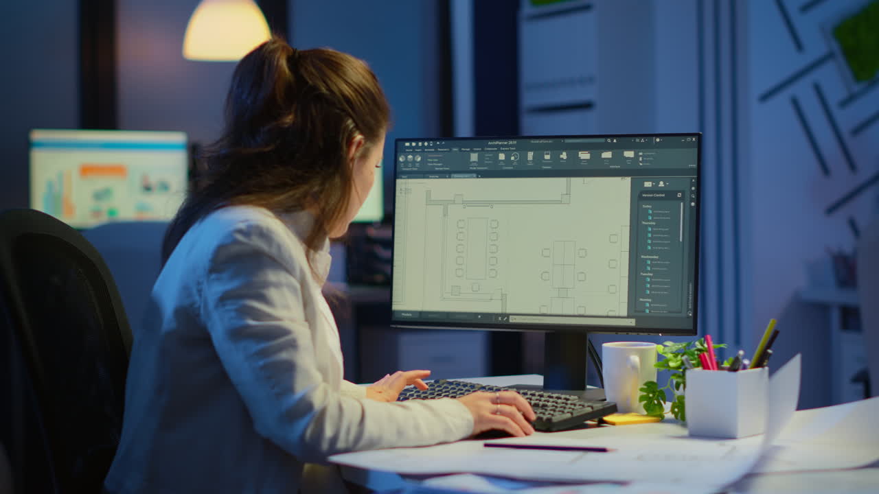 Woman architect matching digital plans from pc with blueprints