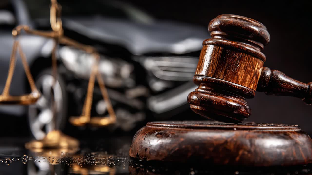 La giustizia in azione: Esplorando le ramificazioni legali degli incidenti automobilistici con un martelletto che rappresenta la legge e l'ordine in una scena drammatica.