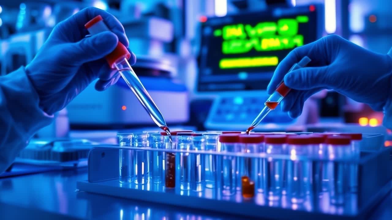Medical researchers pipetting blood samples, examining test tubes during precise laboratory investigation of clinical research