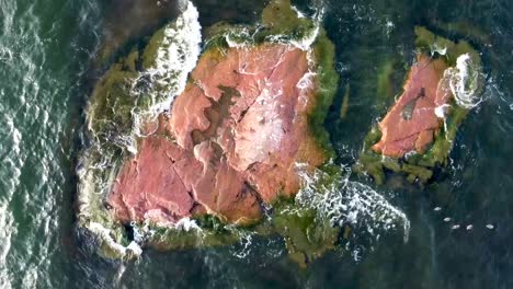 una toma aérea inversa de una pequeña isla rocosa en el lago con olas de inundación