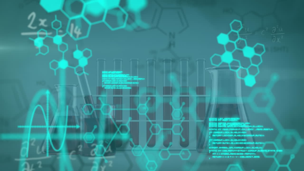 animación del procesamiento de datos científicos sobre tubos de ensayo de laboratorio sobre fondo verde