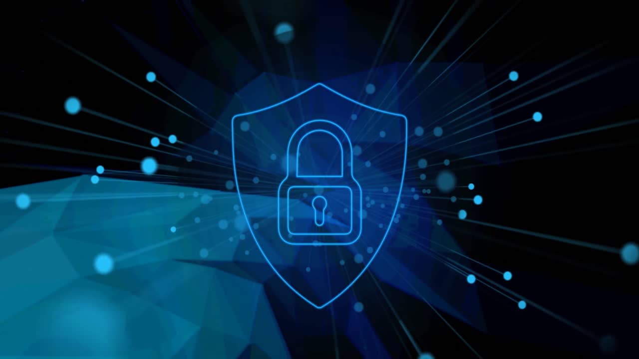 Animation of online security padlock with network of connections in background