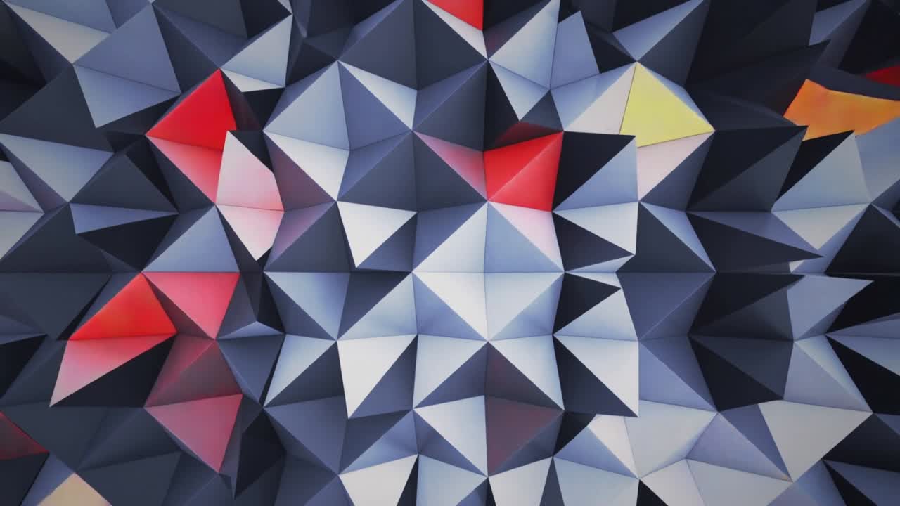 Animating low-poly facets shifting red yellow orange as frames play, centered top view, grid seams