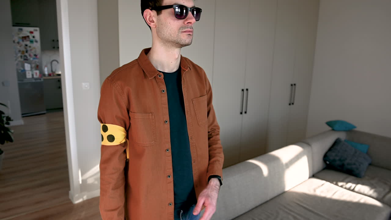 완장을 벗고 집에 있는 소파에 앉아 있는 장님