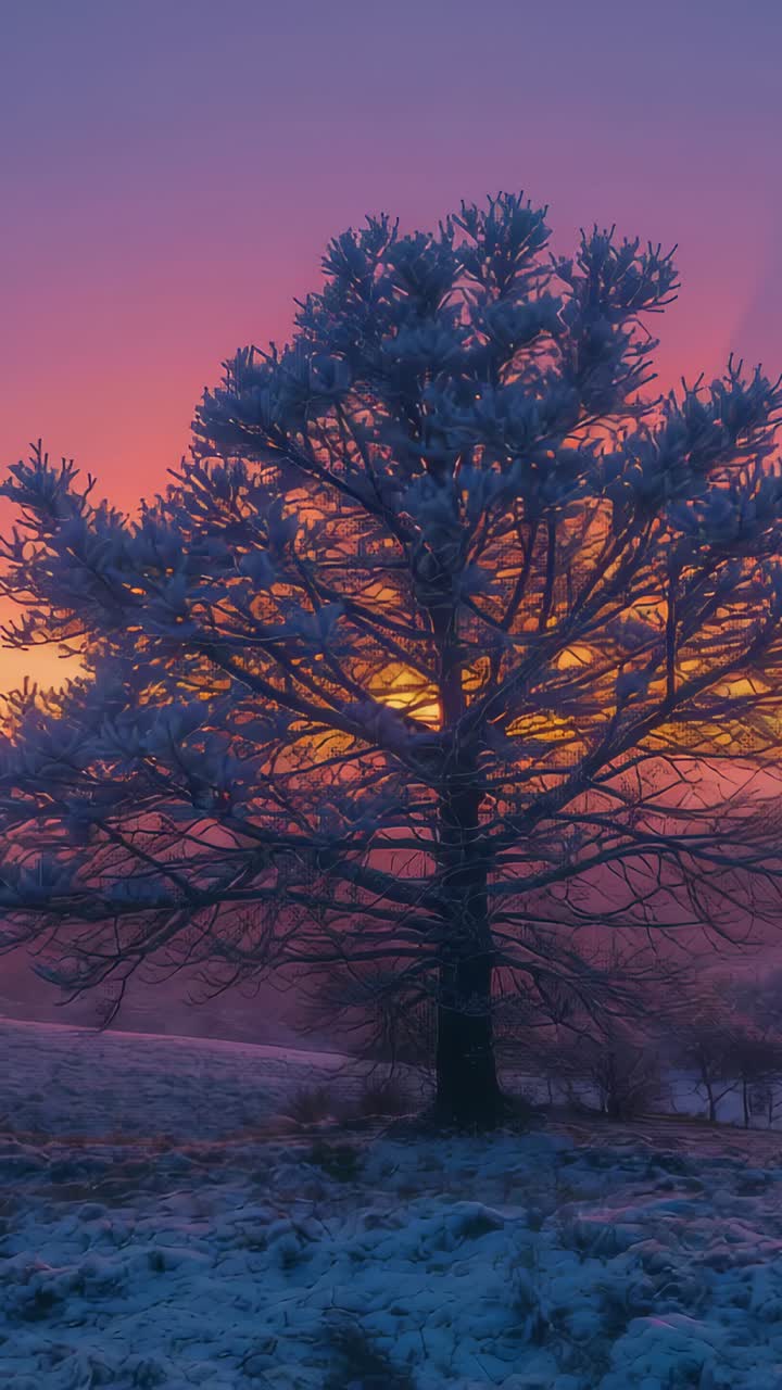 Vertical video: Standing centered conifer gaining warm light during sunrise on frosty slope, mist