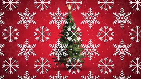 Multiple-snowflakes-icons-in-seamless-pattern-over-christmas-tree-against-red-background