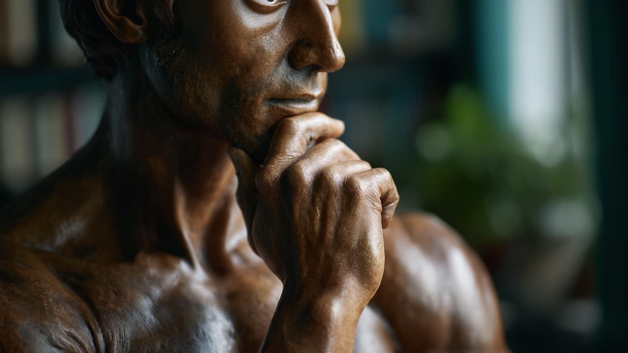 A Thoughtful Bronze Sculpture of a Muscular Figure Deep in Contemplation, Showcasing Impressive Detail and Artistic Craftsmanship in a Lively Indoor Setting