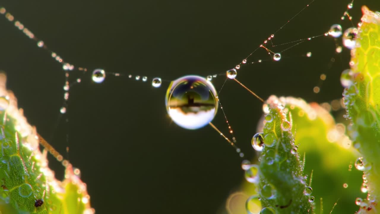A Fascinating Macro Perspective of Dew Drops and Spider Silk: Nature's Intricate Web Captured in Crystal Clarity