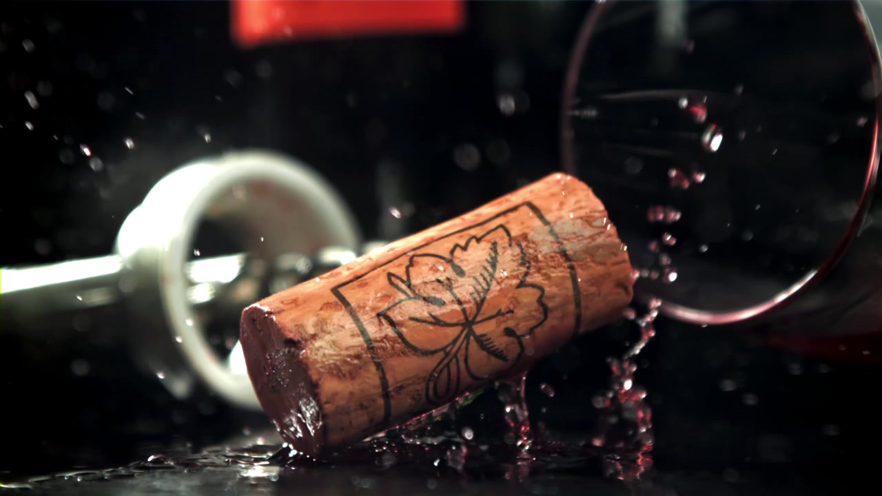 Slowmotion af en vinkork, der falder og sprøjter rødvin.