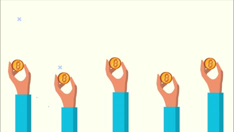 manos levantando bitcoins animación de la cadena de bloques