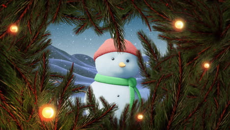 animation of snow falling and tree branches with snowman over winter scenery