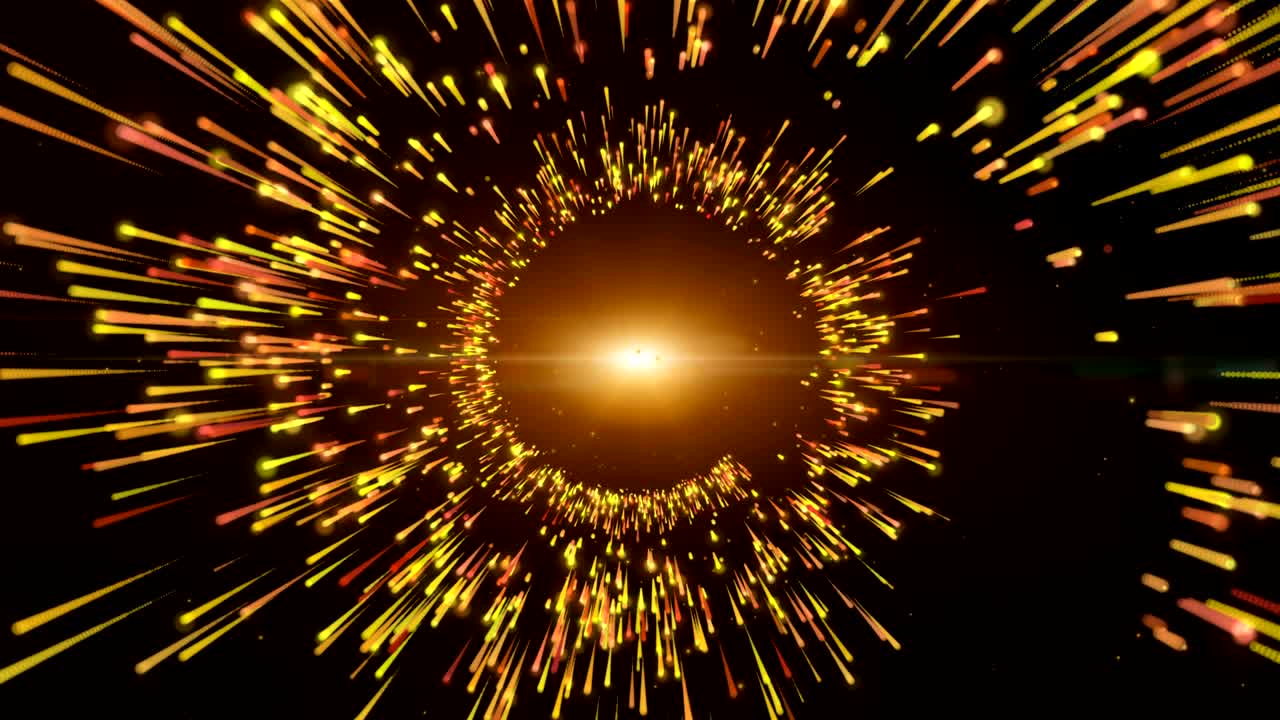 움직임 배경, 노란 황금 나선형 입자, 빛의 흔적