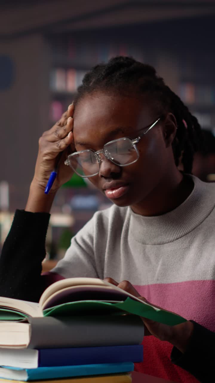 Vertical video exhausted student falling asleep while she reads for periodical exams