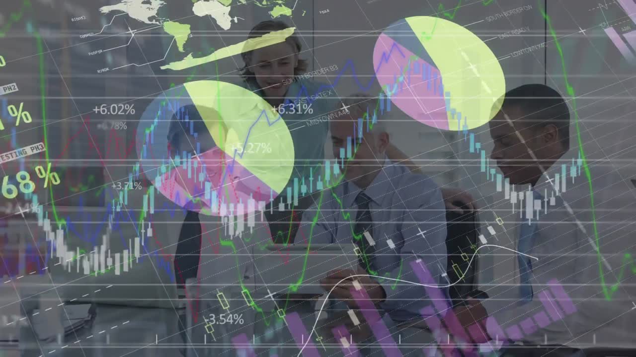 Animation of financial data processing and statistics recording over business people in background