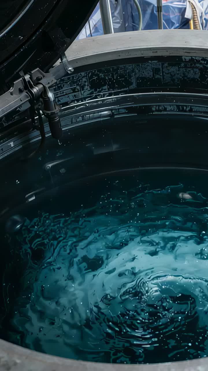 Video verticale: Grande serbatoio nero che mostra un vortice che si attenua in increspature in un'officina, con un ingresso che causa il movimento.
