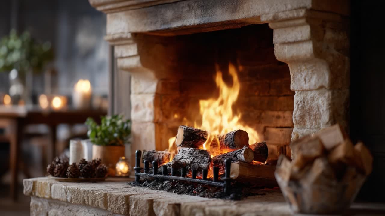 Cozy and Inviting Fireplace with Warm Flames and Wooden Logs, Creating a Tranquil Atmosphere for Relaxation and Comfort in a Charming Living Space