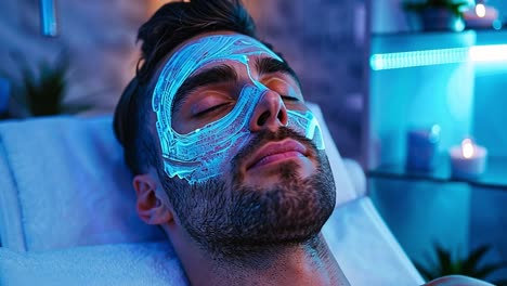 man receiving a blue light facial mask treatment at a spa