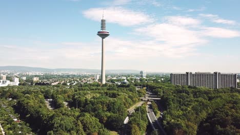 flying-up-looking-at-the-Television-tower-of-Frankfurt-am-Main,-germany