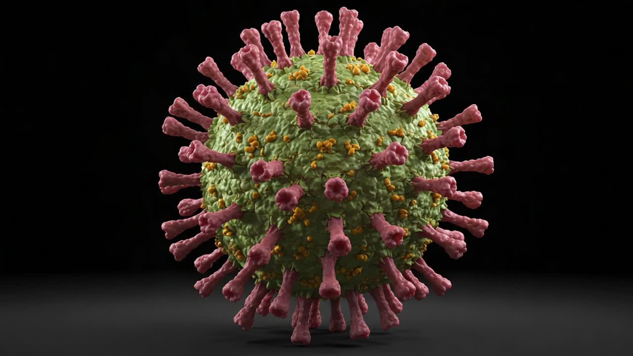 An Intricate 3D Visualization of a Virus Structure Showcasing Its Exterior Features and Surface Proteins in Vivid Detail Against a Dark Background
