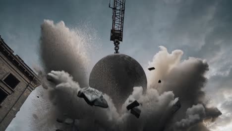 demolition crew using a wrecking ball to tear down a concrete structure, creating a cloud of dust and debris, symbolizing urban renewal or destruction