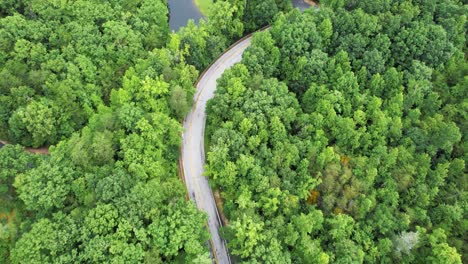 Flying-over-empty,-windy-road-surrounding-by-lush-trees