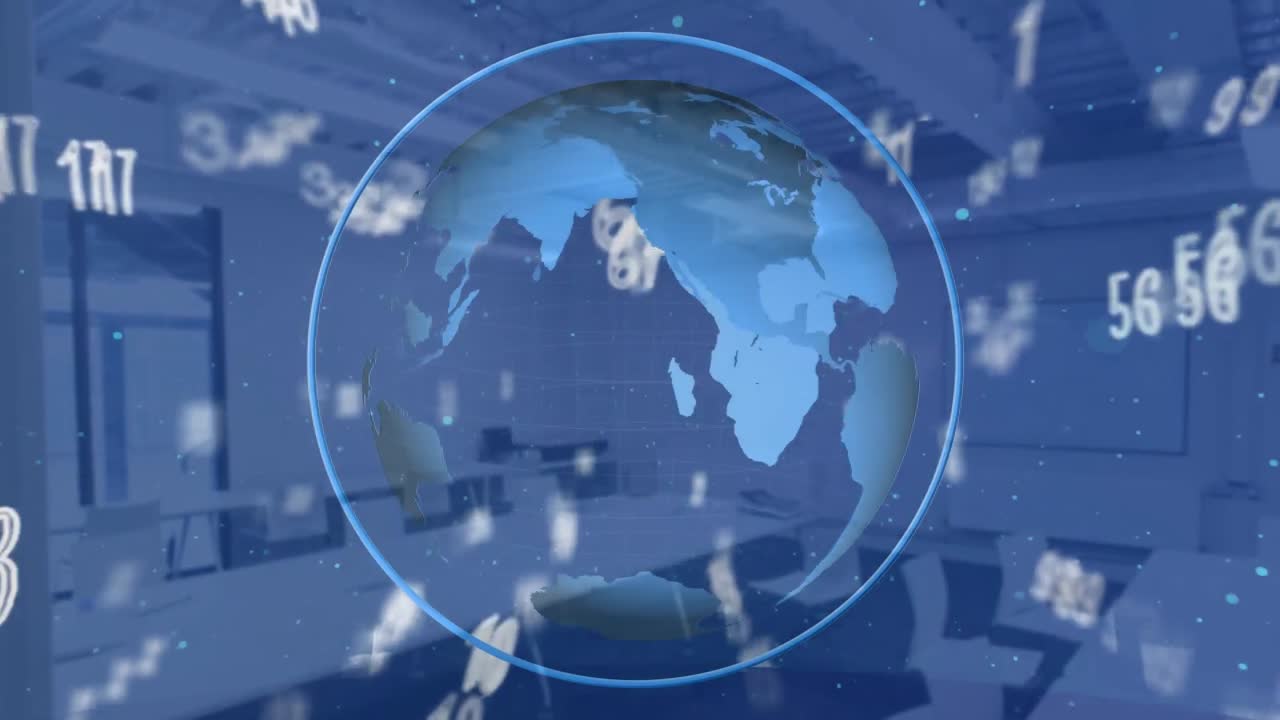 빈 사무실에 대해 회전하는 전 세계에 대한 숫자와 기호의 디지털 구성