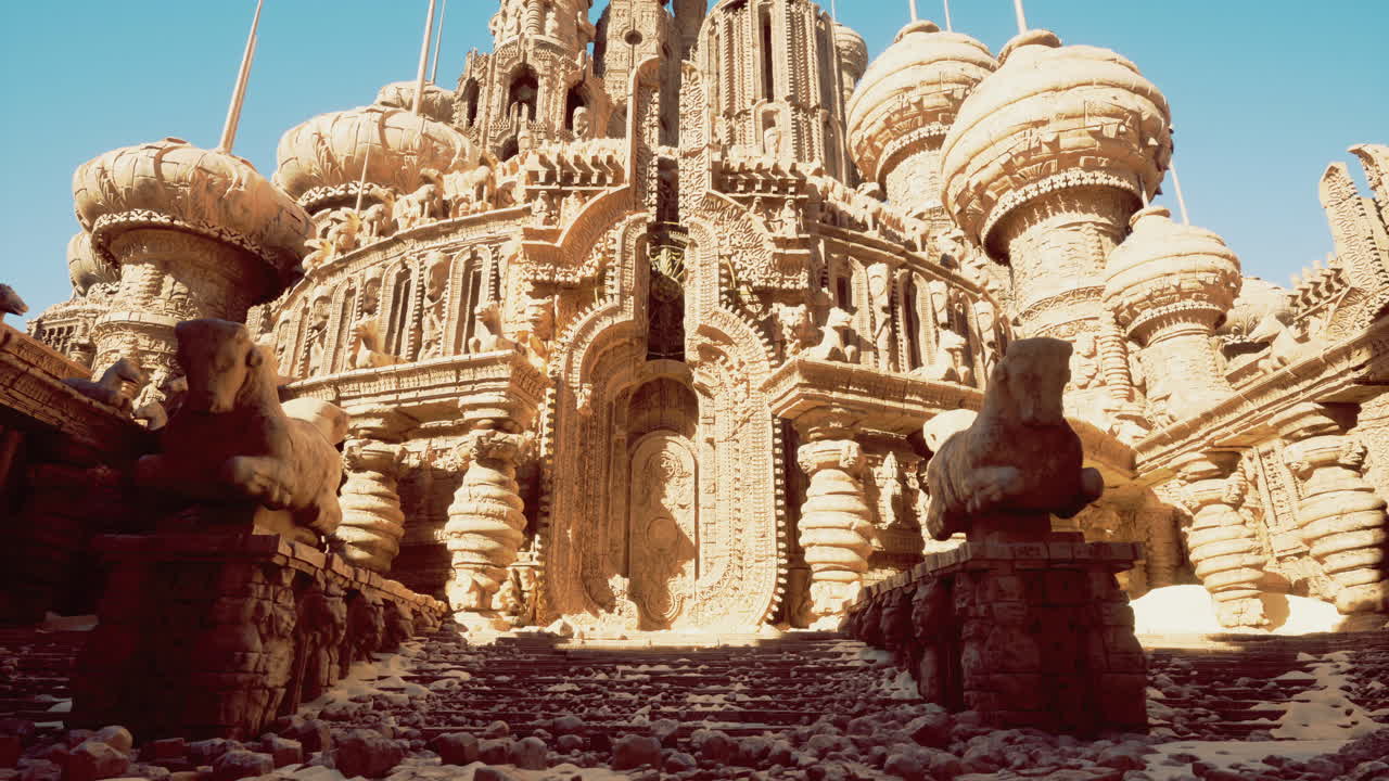 Intricate architectural monument in a desert landscape with carved details