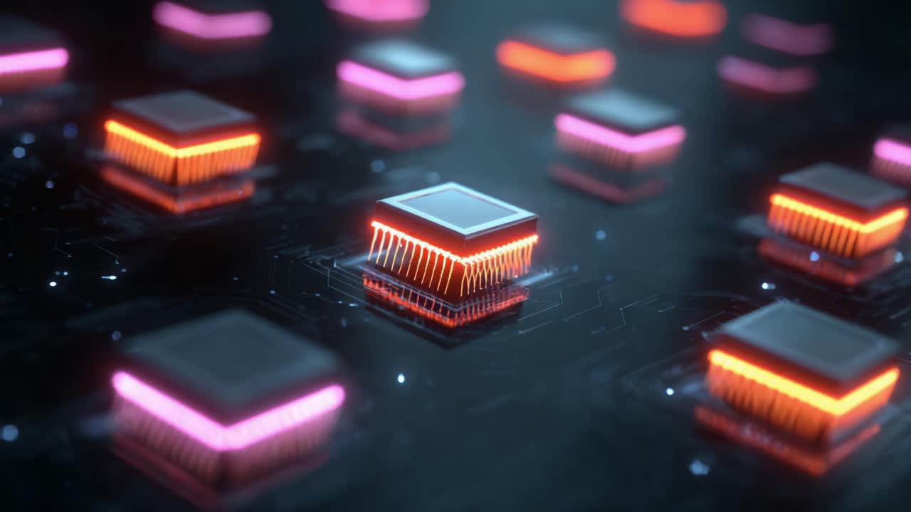 A Glimpse into the Future of Computing: Contemporary Circuitry Featuring Advanced Microchips Illuminated with Striking Light Effects in a Modern Digital Landscape