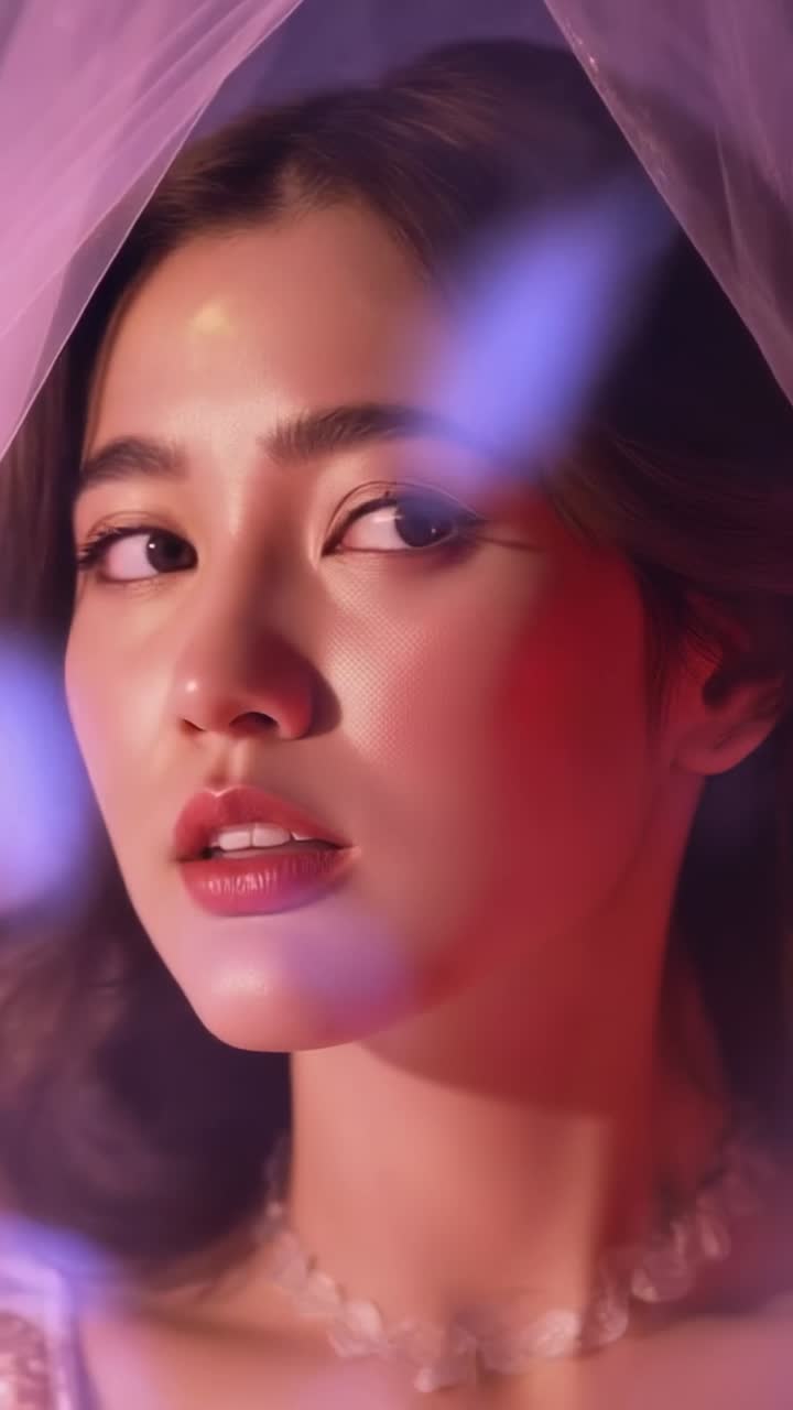 Vertical video: Asian model rotating head in studio as gel lights shifting on veil evoking mood