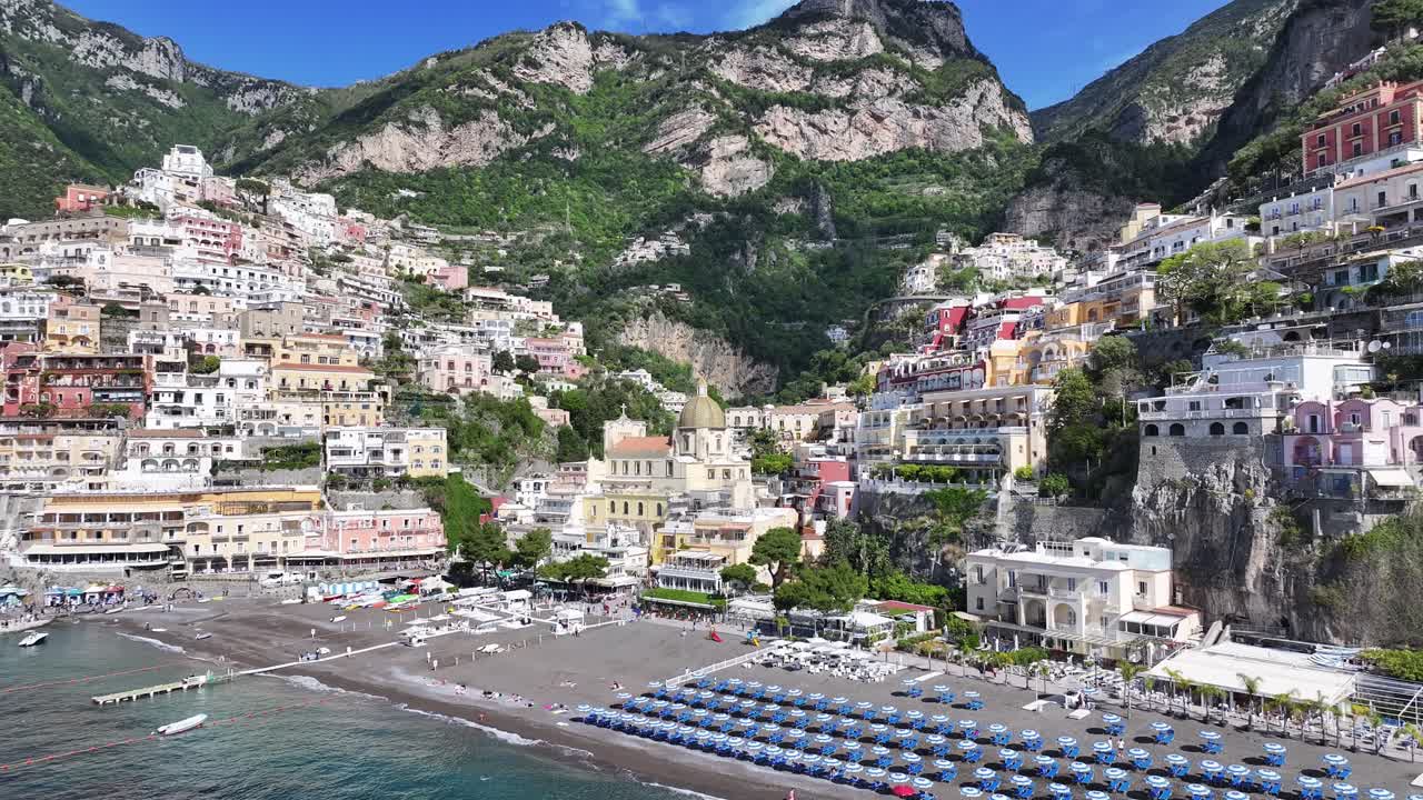 Amalfi Coast At Positano In Salerno Italy. Coastal City. Waterfront Landscape. Amalfi Coast At Positano In Salerno Italy. Beach Scenery. Medieval Buildings. Amalfi Coast Skyline