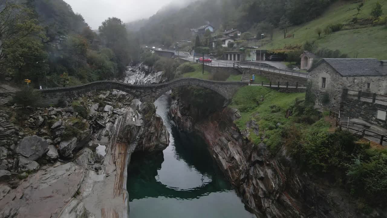 Drone over the river in Lavertezzo, Valle Verzasca, Switzerland.