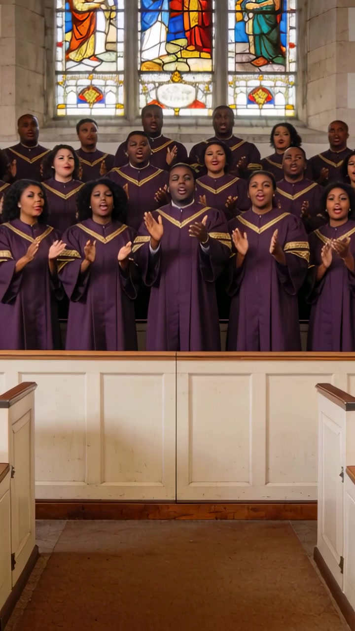 Video verticale: Coro in abiti viola che canta a tempo, applaudendo e muovendosi per il culto sotto vetrate colorate.