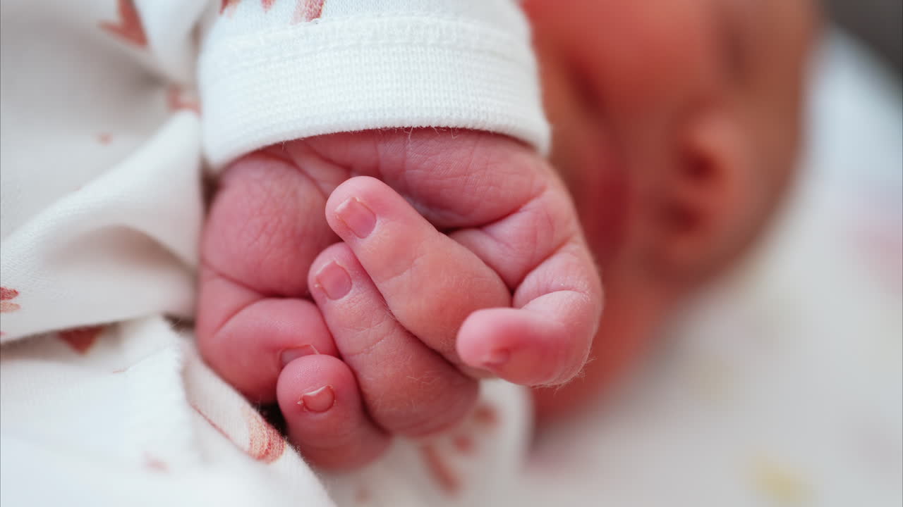 Close up of a newborn baby's tiny hand clenched in soft natural light while resting