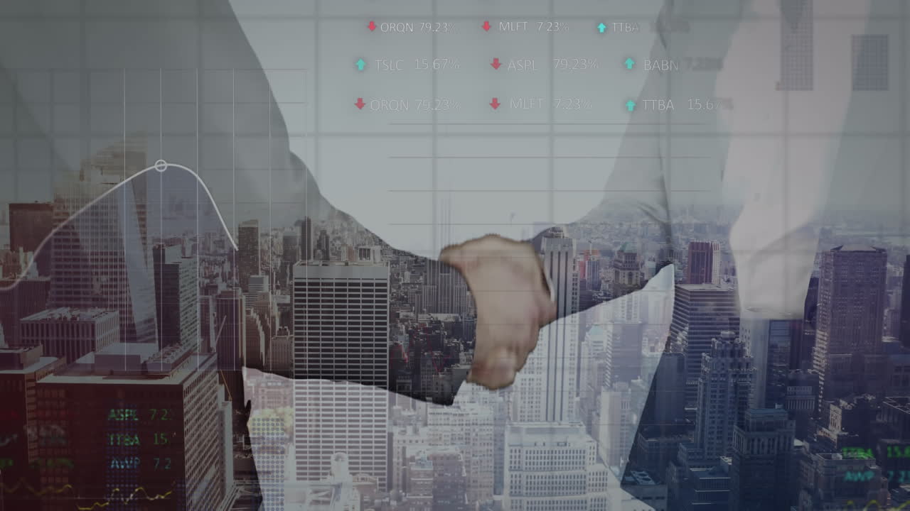 animación de estadísticas y procesamiento de datos sobre el apretón de manos de un empresario