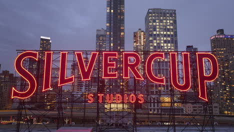 aerial view of the silvercup studios sign. shot at night in long island city, queens.