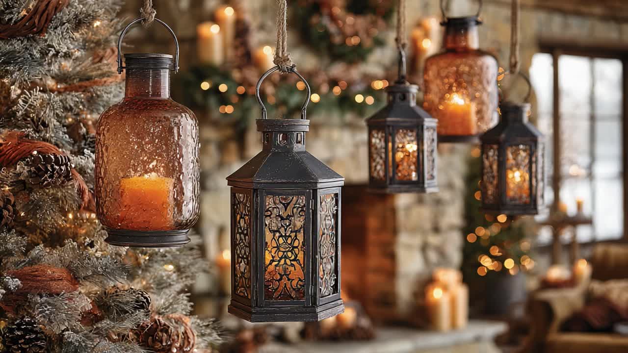 A Cozy Winter Scene Featuring Beautiful Lanterns and Holiday Decorations, Capturing the Warmth and Ambiance of a Festive Gathering with Soft Candlelight and Rustic Charm