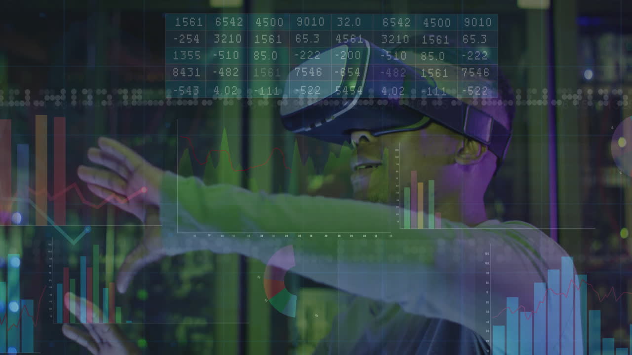 man reaching out hands, manipulating floating finance bar line pie charts in tech data center